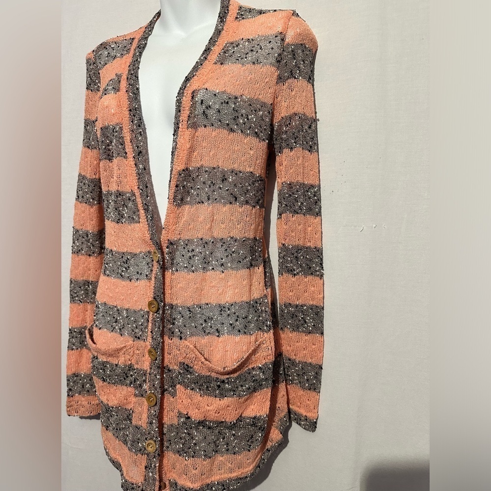 Cecico Peach Gray Striped Cardigan Sweater Size Small Cozy Knit - Picture 2 of 5